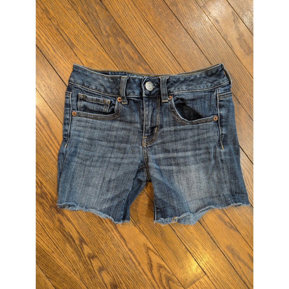 American Eagle Super Stretch Midi Shorts‎ Dark Wash Fray Hem Blue Denim Size 27